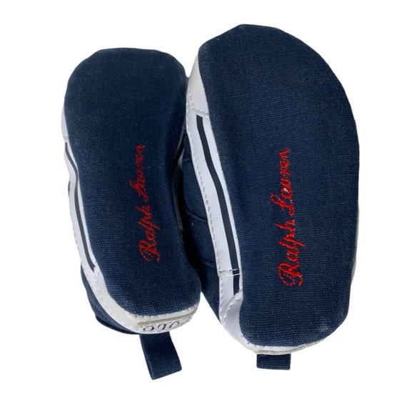 Baby Crib Shoes Polo Ralph Lauren Hook Loop Horse Logo Shoes  Navy Blue Red USA - Picture 6 of 9